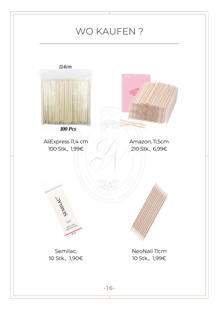 Seite aus meinem E-Book mit grundlegenden Techniken für die Nagelmodellage.Nageldesign mit empfohlenen Produkten für die Maniküre.