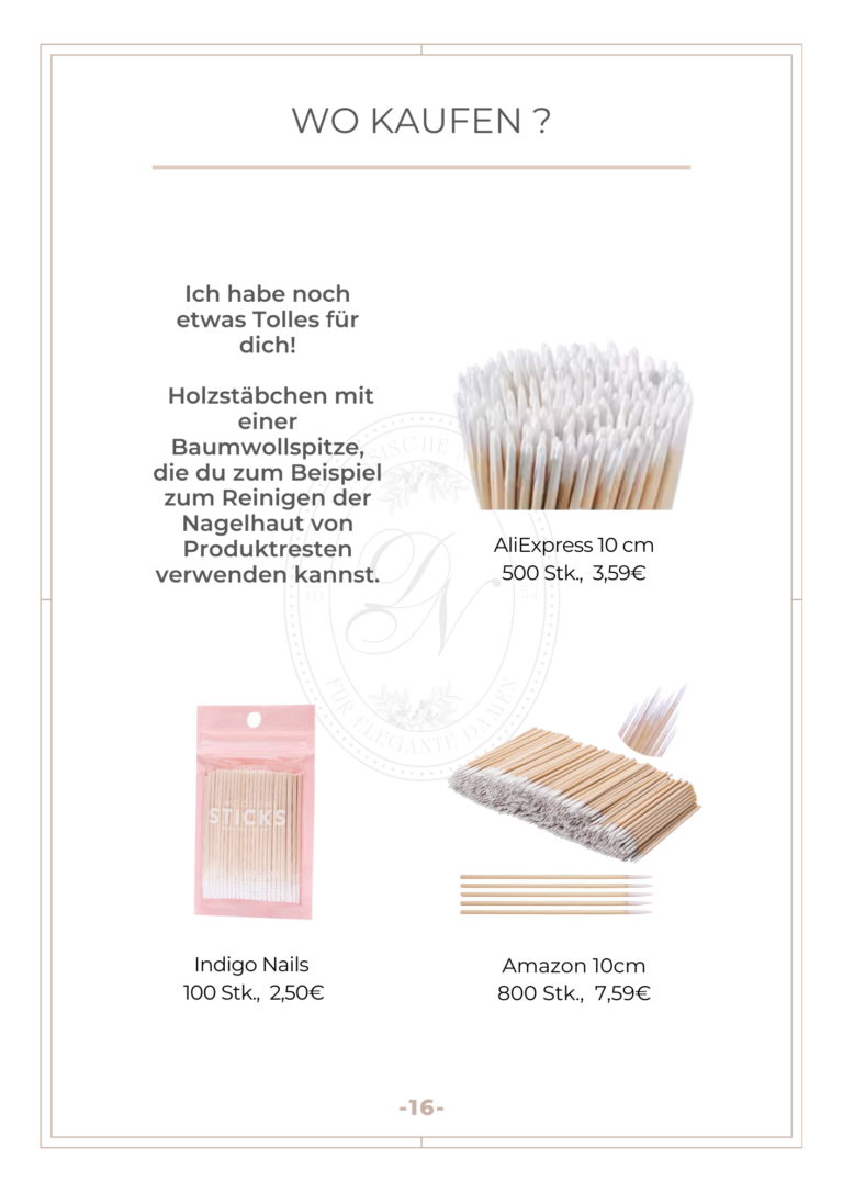 Seite aus meinem E-Book über Nageldesign mit empfohlenen Produkten für die Maniküre.